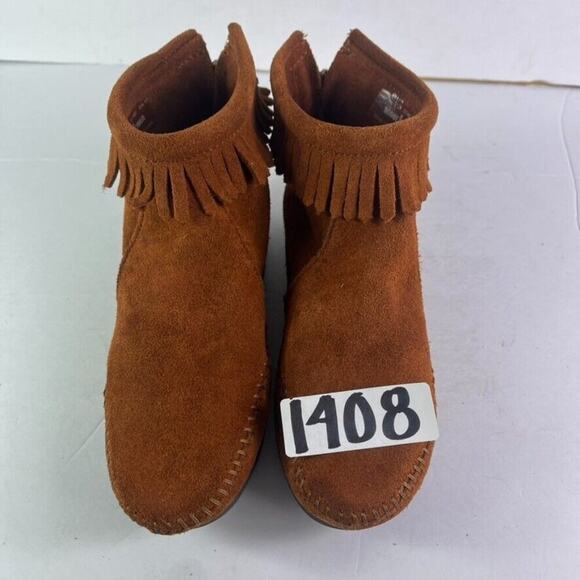Minnetonka Moccasin Shoes Womens 4 Brown Fringe Back Zip Moc Ankle Suede Flats - Picture 12 of 12
